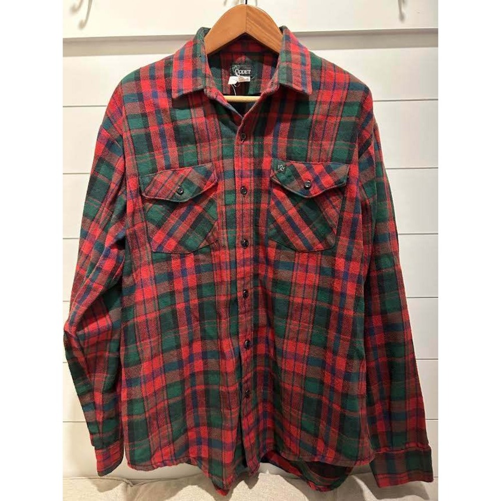 Codet Mens XL Red Green Plaid Flannel Button Down Shirt Made in USA 100% Cotton